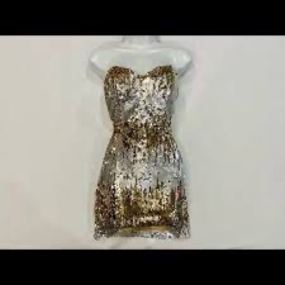 SOCIAL COUTURE: GOLD AND SILVER SEQUIN STRAPLESS DRESS SIZE L - Picture 2 of 5